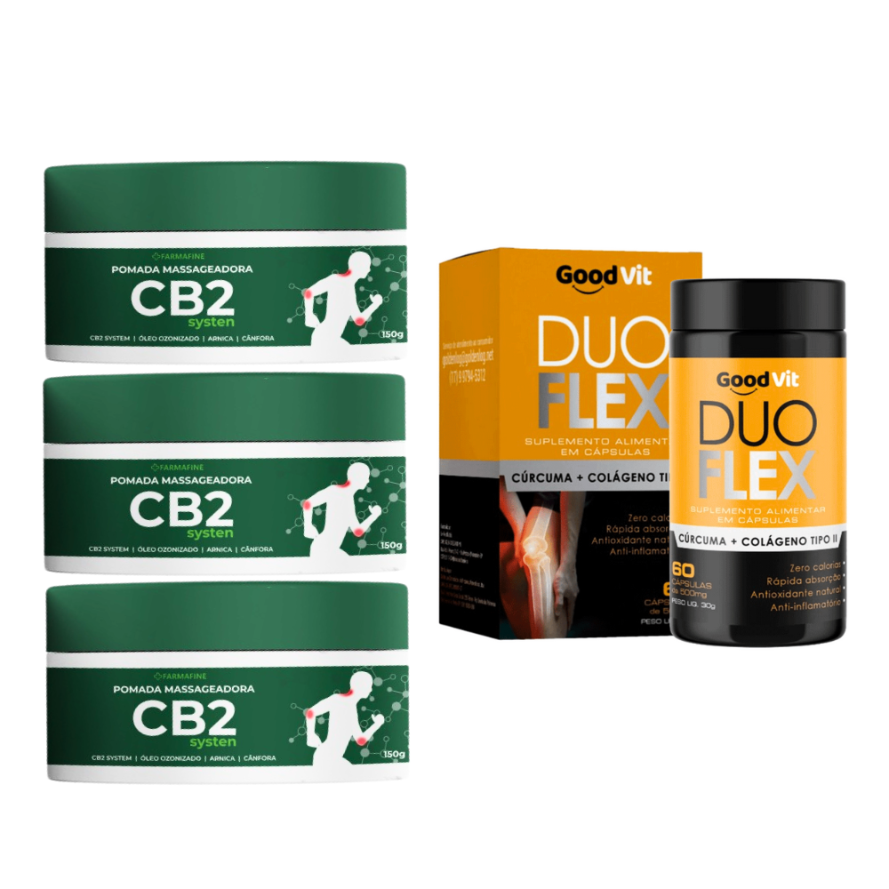 Cb2 Pomada Farmafine + Duo Flex Cúrcuma Com Colágeno Tipo II 60 Cápsulas