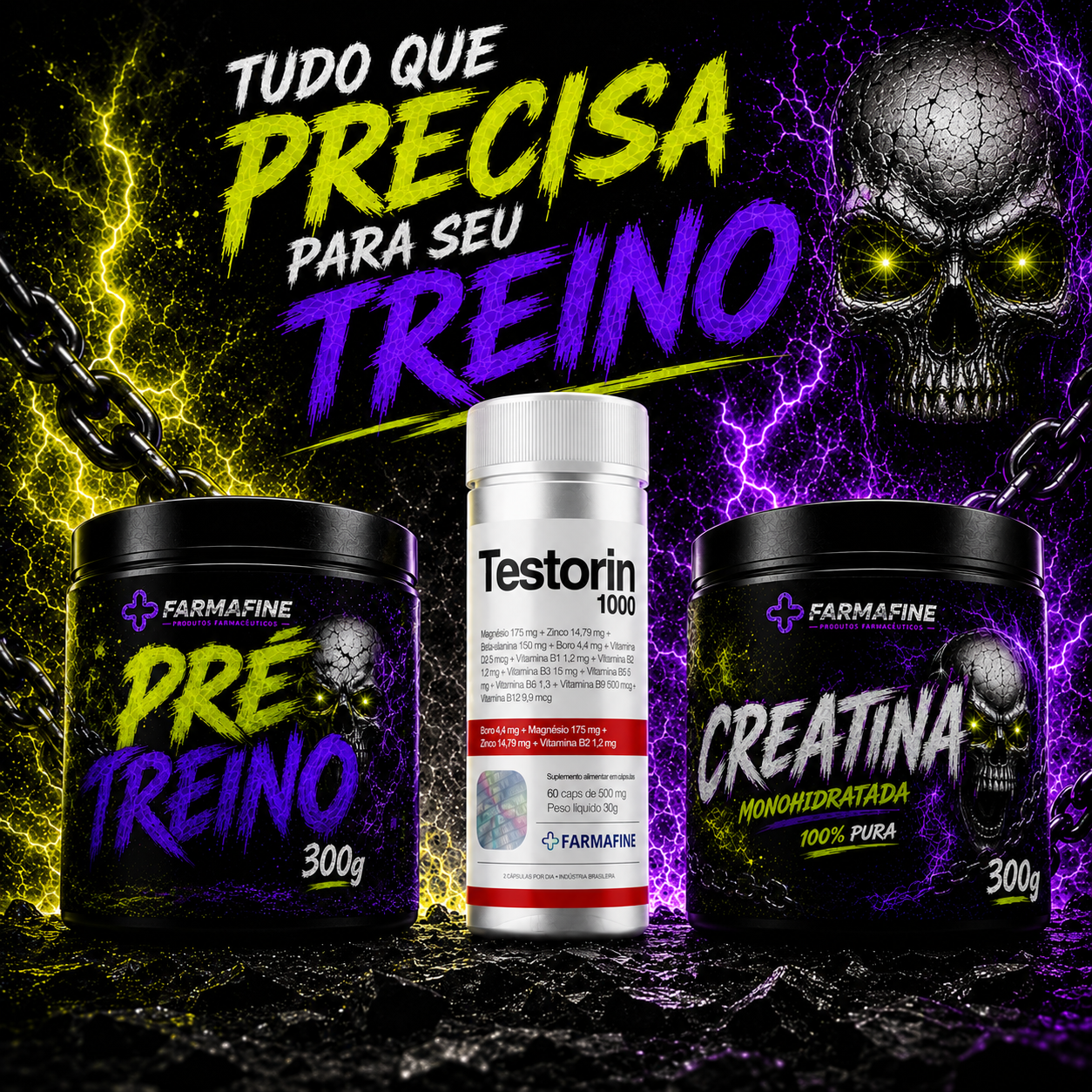 Kit Completo Pré Treino 300g + Creatina 100% Pura + Testorin1000 60 Cápsulas Farmafine