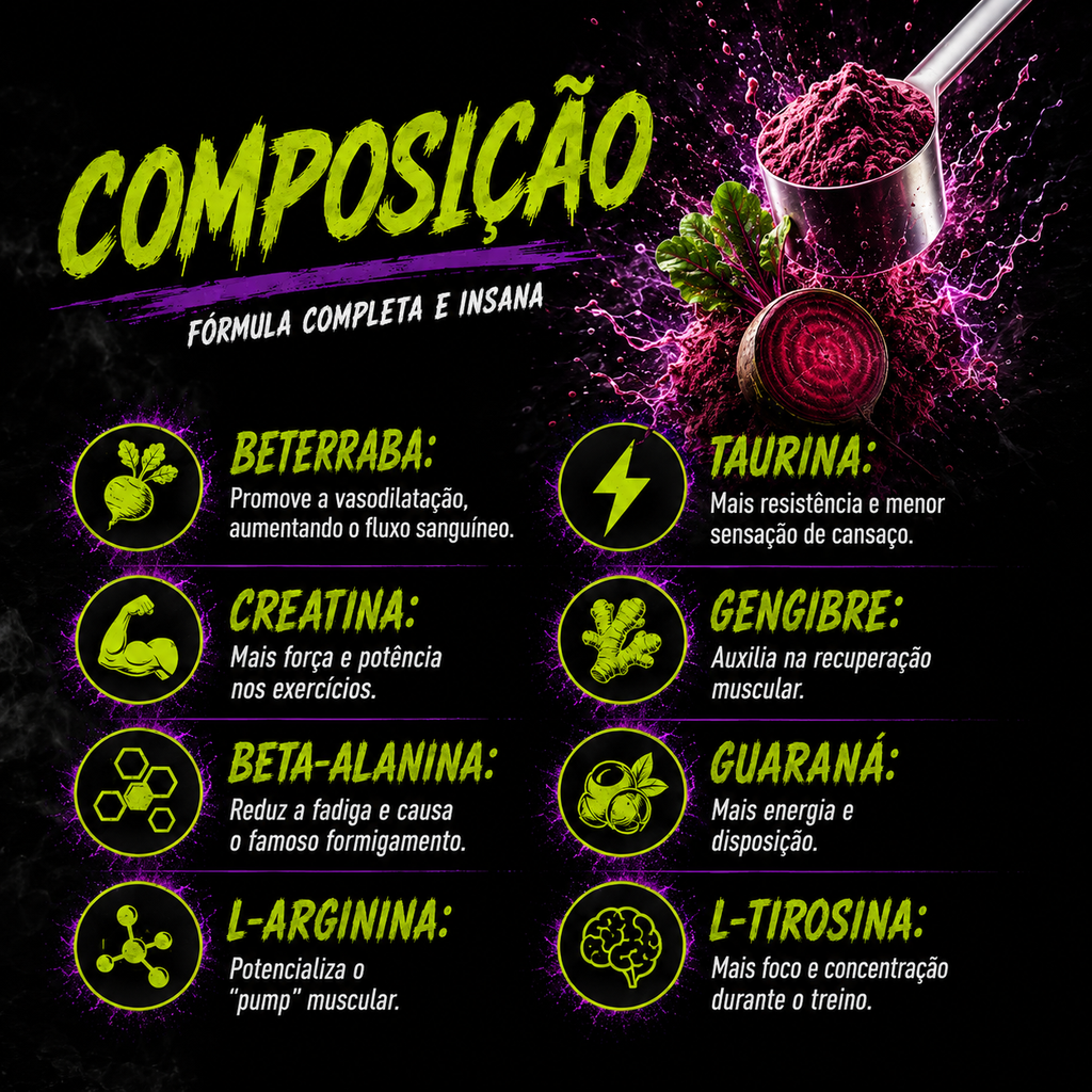 Pré-Treino Farmafine 300g | Com Beterraba, Beta-Alanina, L-Arginina, Taurina, Gengibre, Guaraná e L-Tirosina