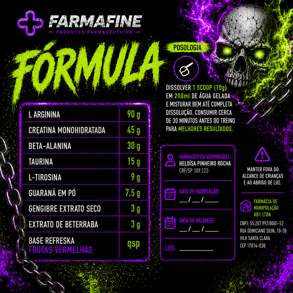 Pré-Treino Farmafine 300g | Com Beterraba, Beta-Alanina, L-Arginina, Taurina, Gengibre, Guaraná e L-Tirosina