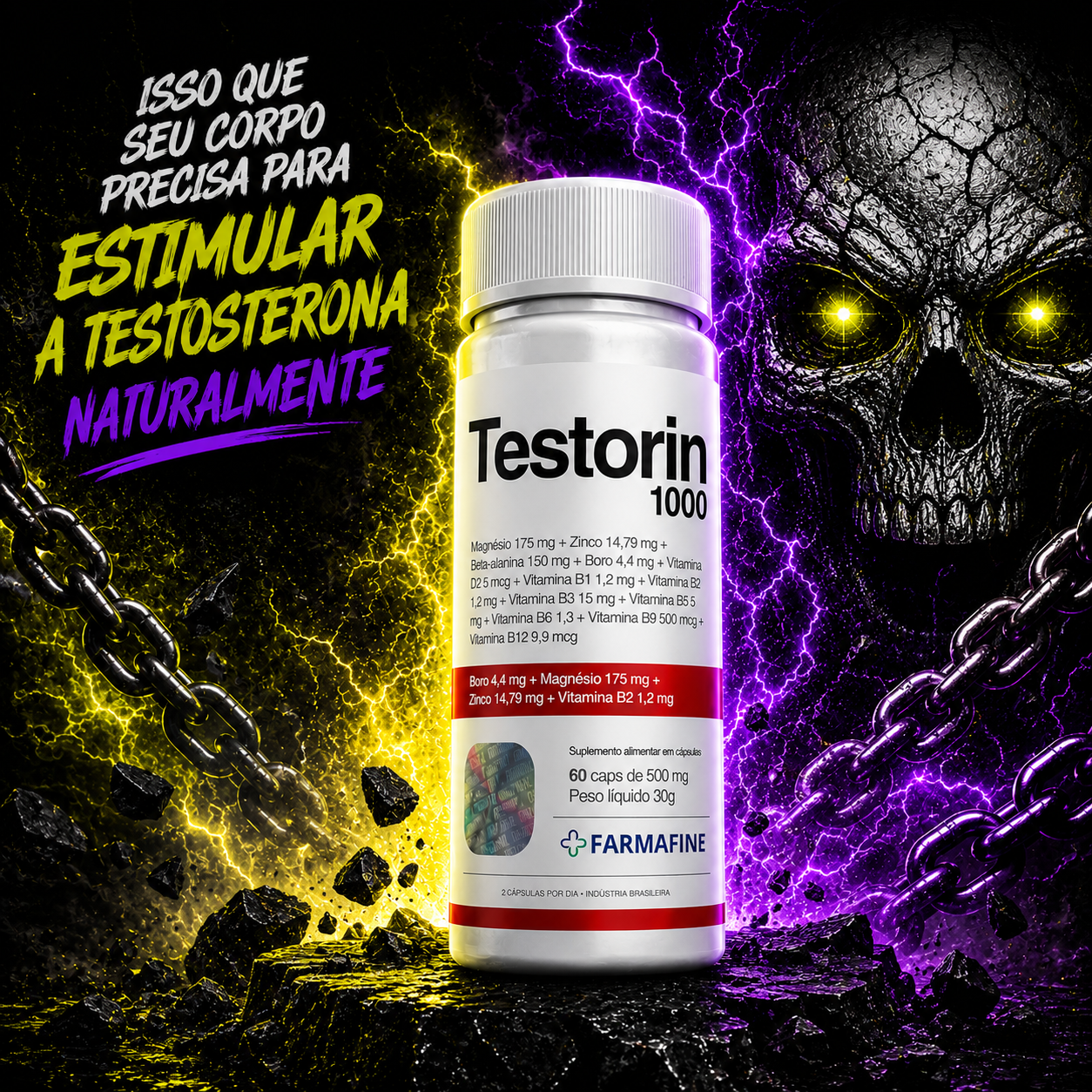 Kit Completo Pré Treino 300g + Creatina 100% Pura + Testorin1000 60 Cápsulas Farmafine