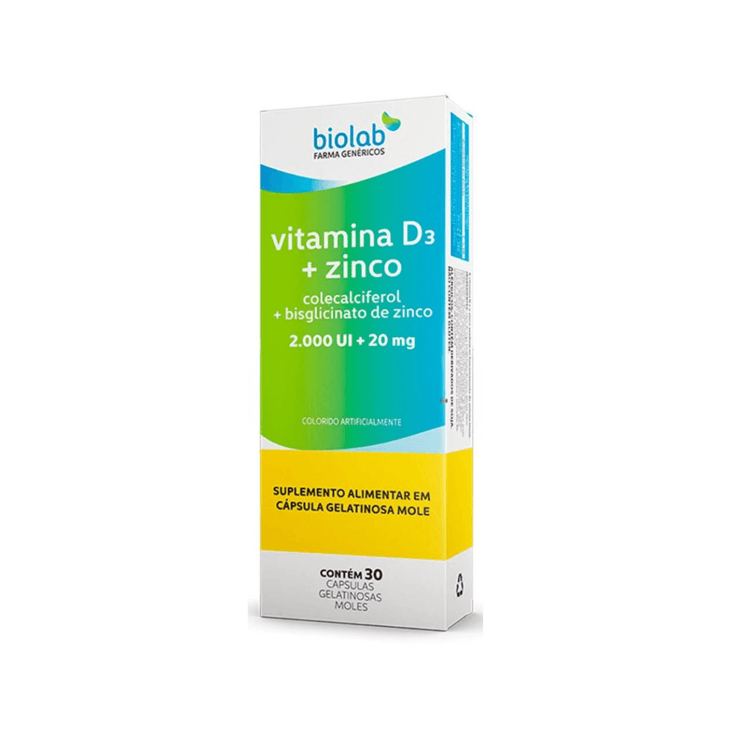 Vitamina D3 2000ui + Zinco 20mg Biolab 30 Cápsulas - farmafine.com.br