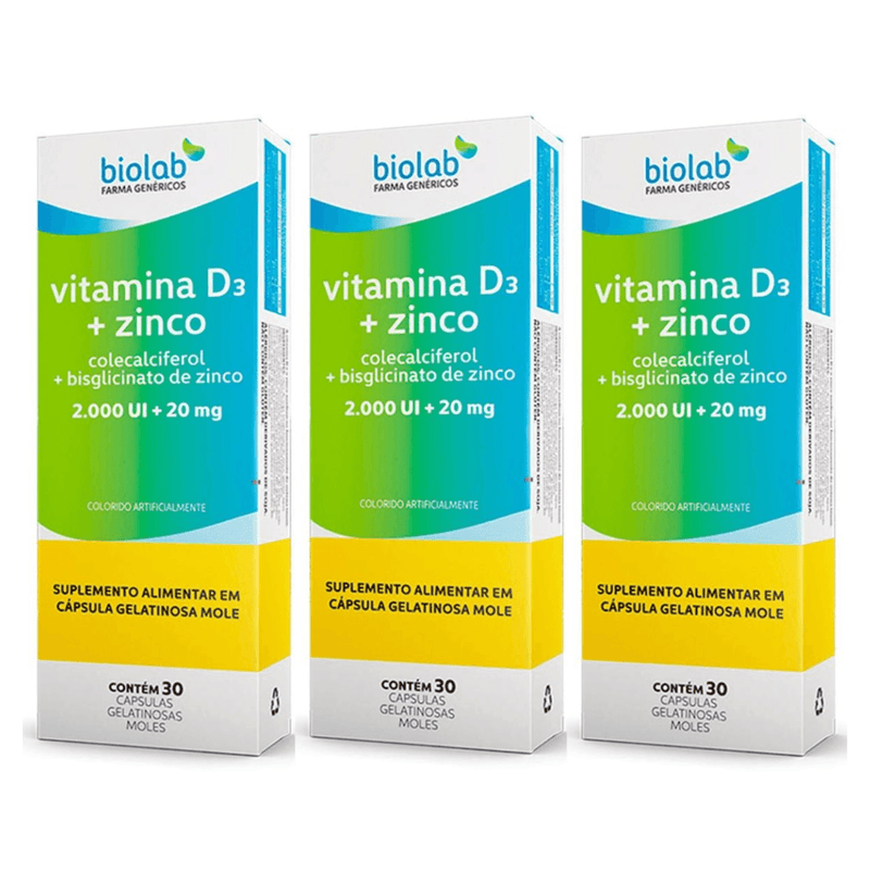 Vitamina D3 2000ui + Zinco 20mg Biolab 30 Cápsulas - farmafine.com.br