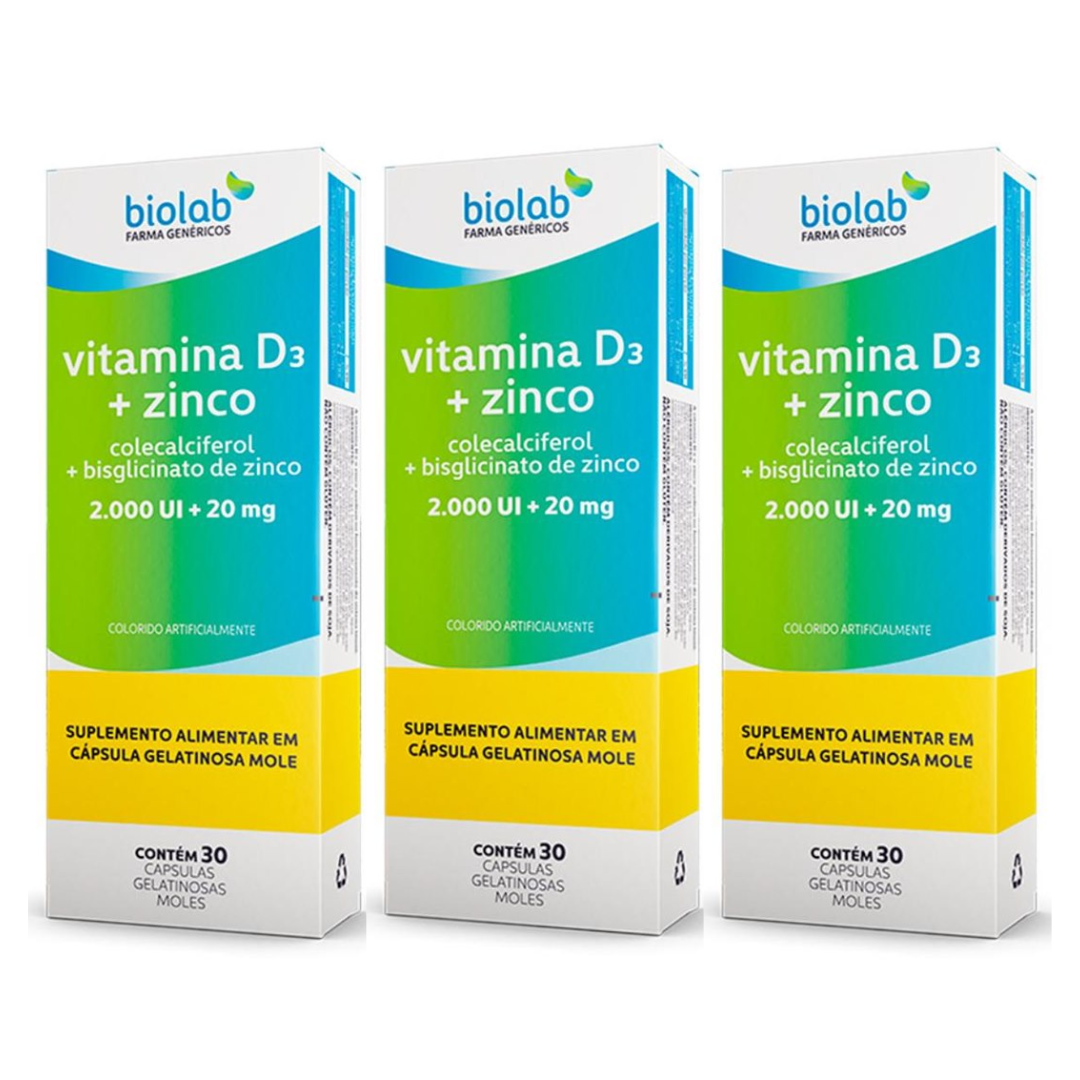 Kit 3 Caixas | Vitamina D3 2000ui + Zinco 20mg Biolab 30 Cápsulas - farmafine.com.br
