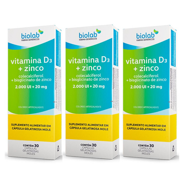 Kit 3 Caixas | Vitamina D3 2000ui + Zinco 20mg Biolab 30 Cápsulas - farmafine.com.br