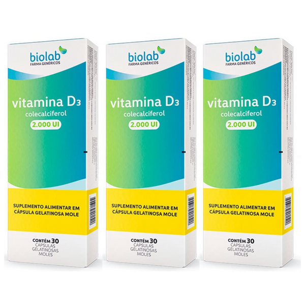 Kit 3 Caixas | Vitamina D3 2000ui Biolab 30 Cápsulas - farmafine.com.br