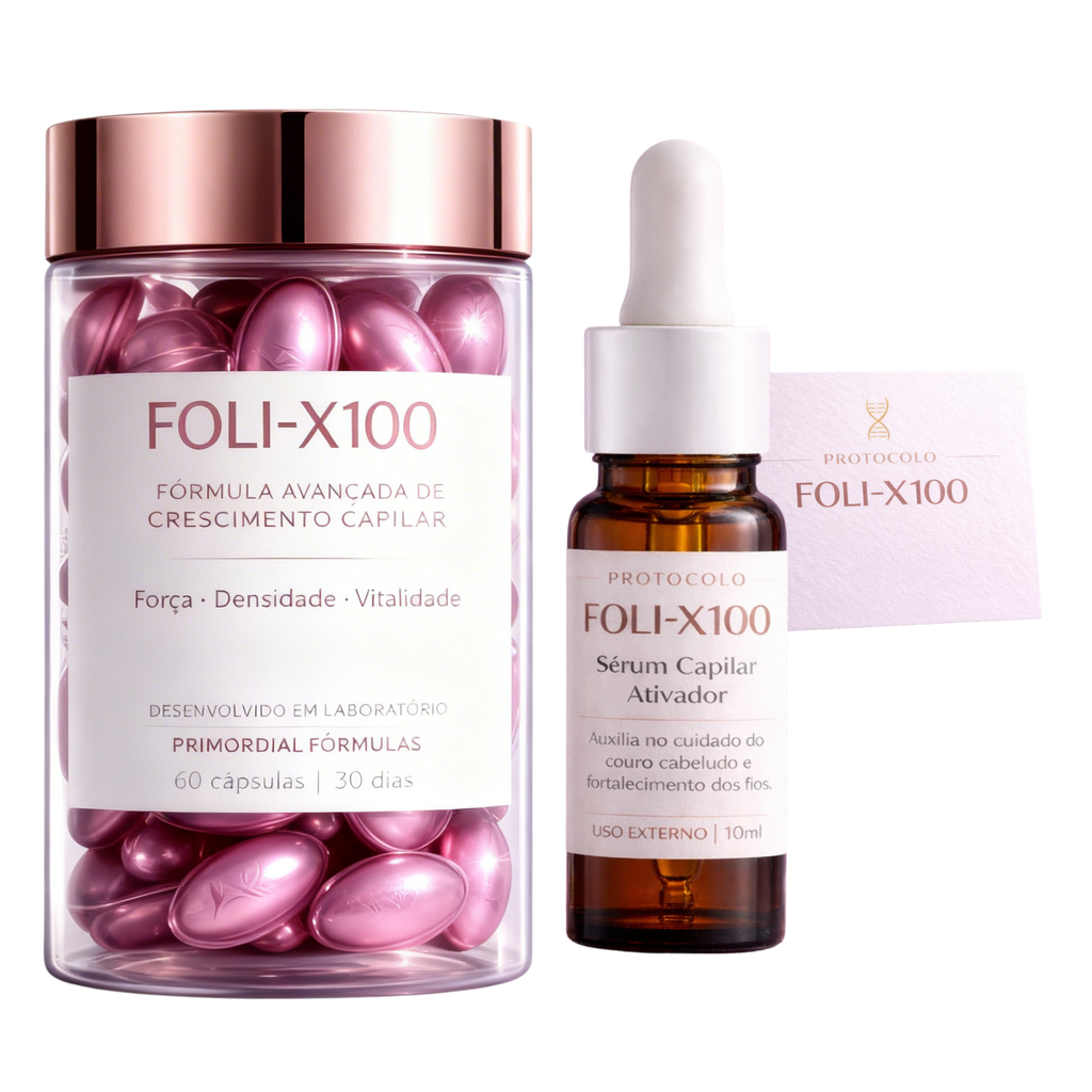 FOLI-X100 60 Cápsulas + Sérum Capilar Suplemento para Cabelo Uso Diário