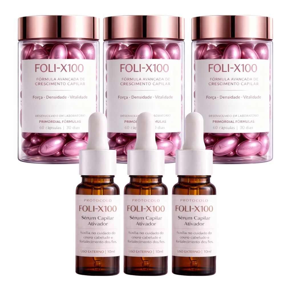 FOLI-X100 60 Cápsulas + Sérum Capilar Suplemento para Cabelo Uso Diário