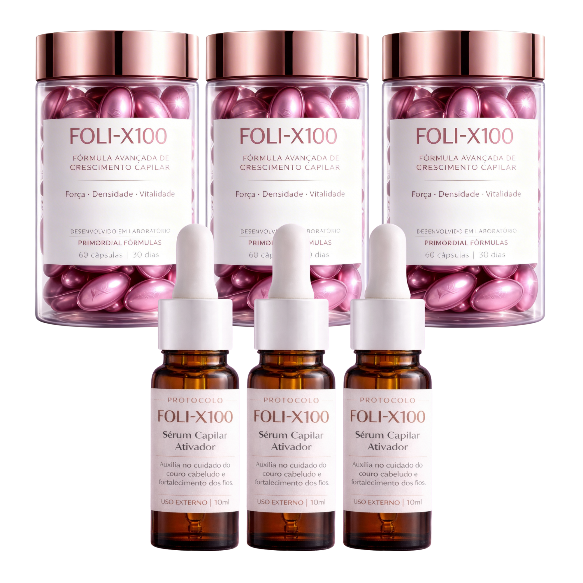 FOLI-X100 60 Cápsulas + Sérum Capilar Suplemento para Cabelo Uso Diário
