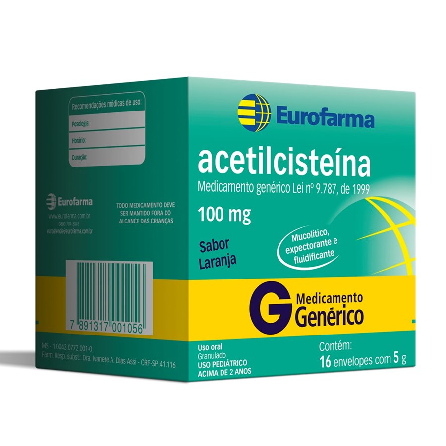 Acetilcisteína 100mg Genérico Eurofarma 16 Sachês